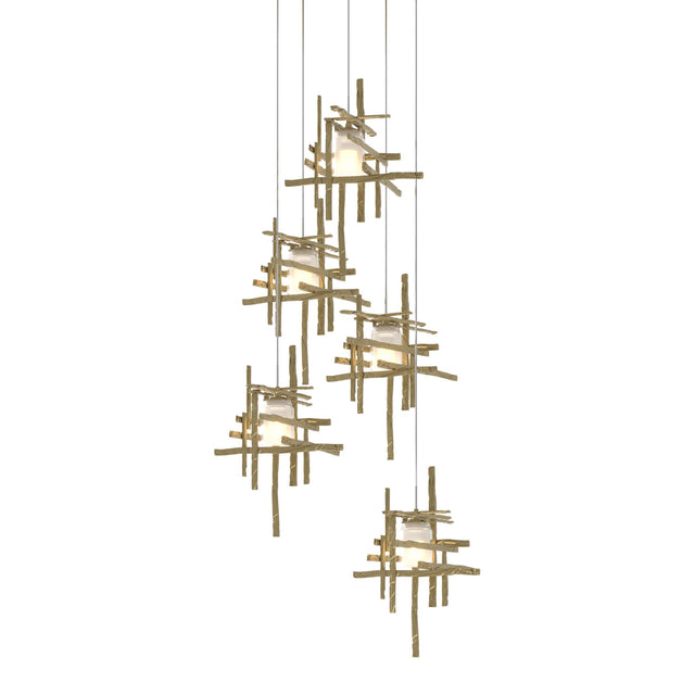 Hubbardton Forge 2023 Modern Brass Cast Glass (YC) Long Tura 5-Light Frosted Glass Pendant