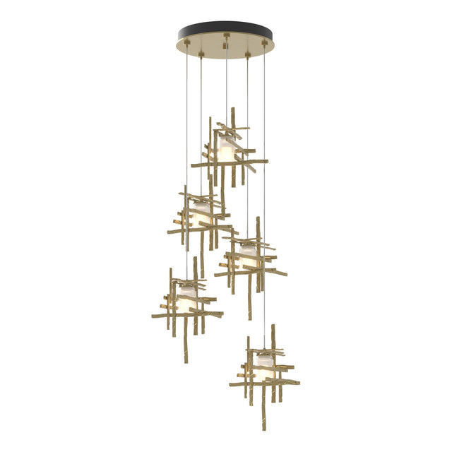 Hubbardton Forge 2023 Modern Brass Cast Glass (YC) Standard Tura 5-Light Frosted Glass Pendant