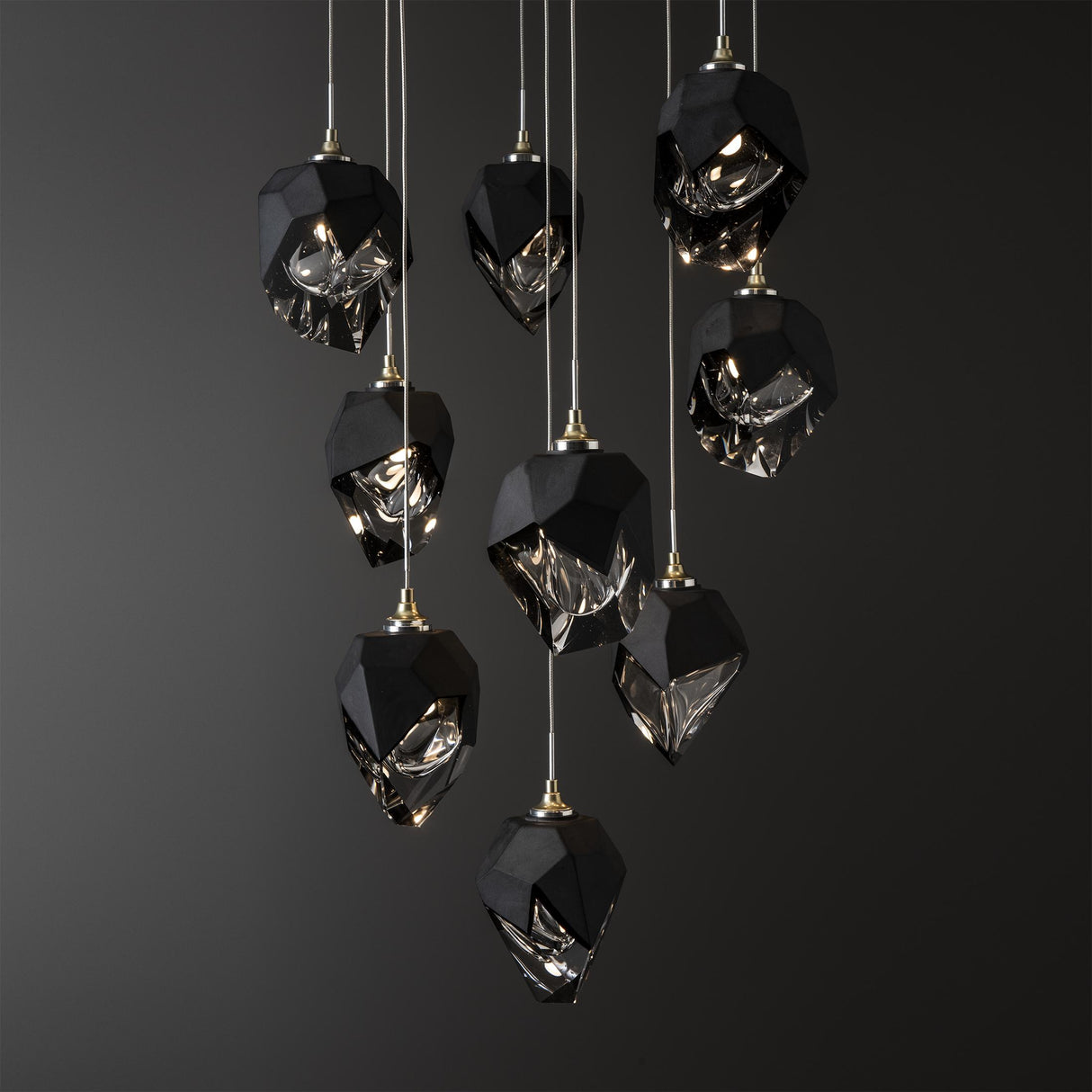 Hubbardton Forge 2023 Modern Brass Black Crystal (BP) Long Chrysalis 9-Light Small Crystal Pendant