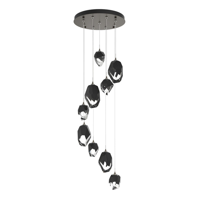 Hubbardton Forge 2023 Dark Smoke Black Crystal (BP) Long Chrysalis 9-Light Mixed Crystal Pendant