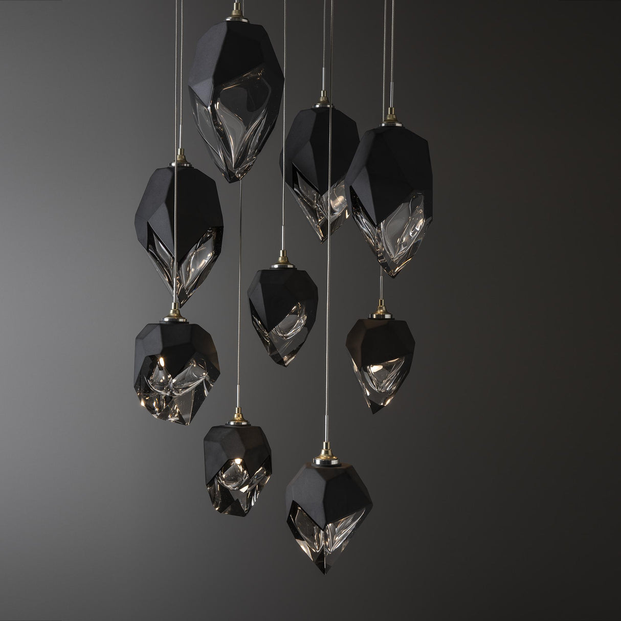 Hubbardton Forge 2023 Modern Brass Black Crystal (BP) Long Chrysalis 9-Light Mixed Crystal Pendant