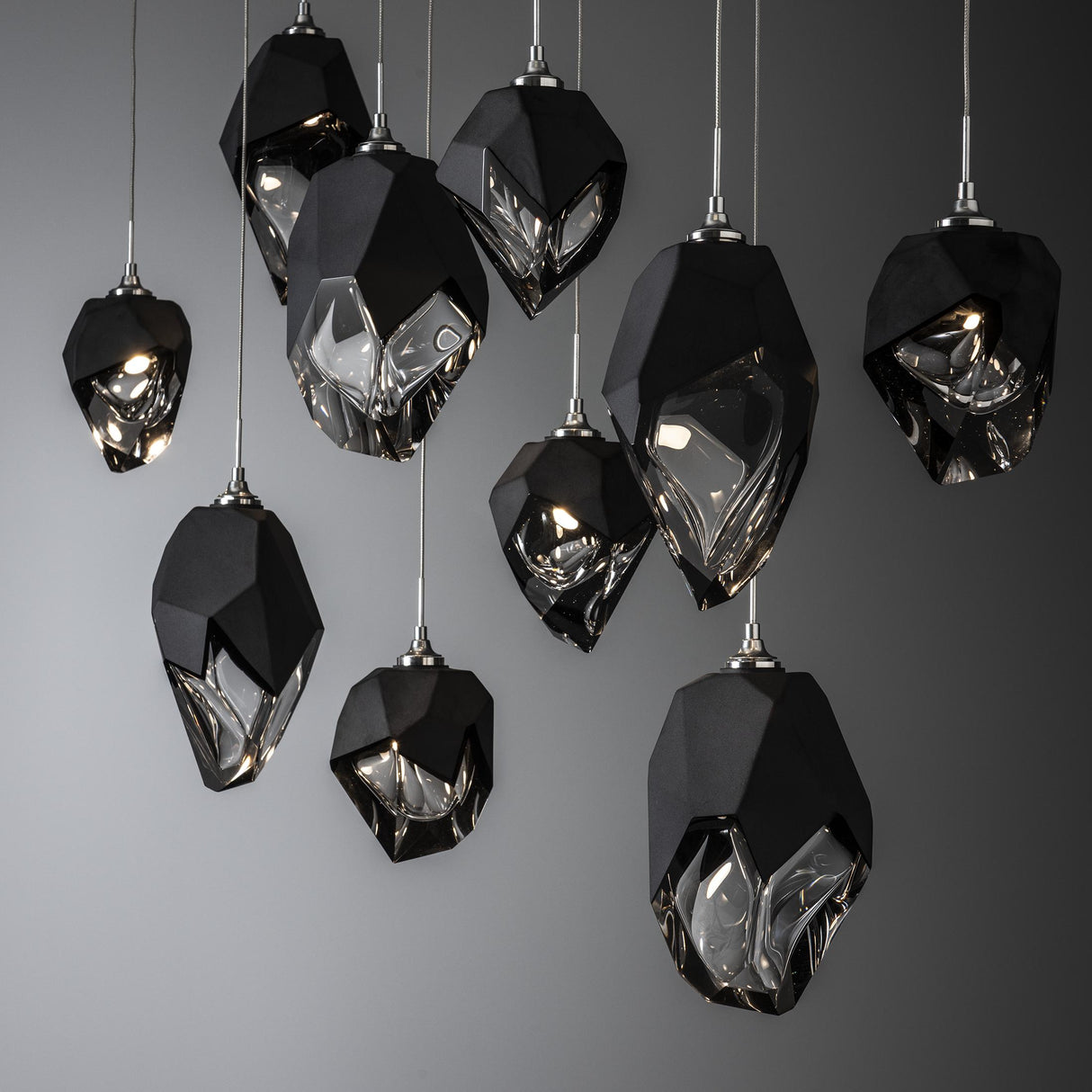 Hubbardton Forge 2023 Sterling Black Crystal (BP) Long Chrysalis 10-Light Mixed Crystal Pendant