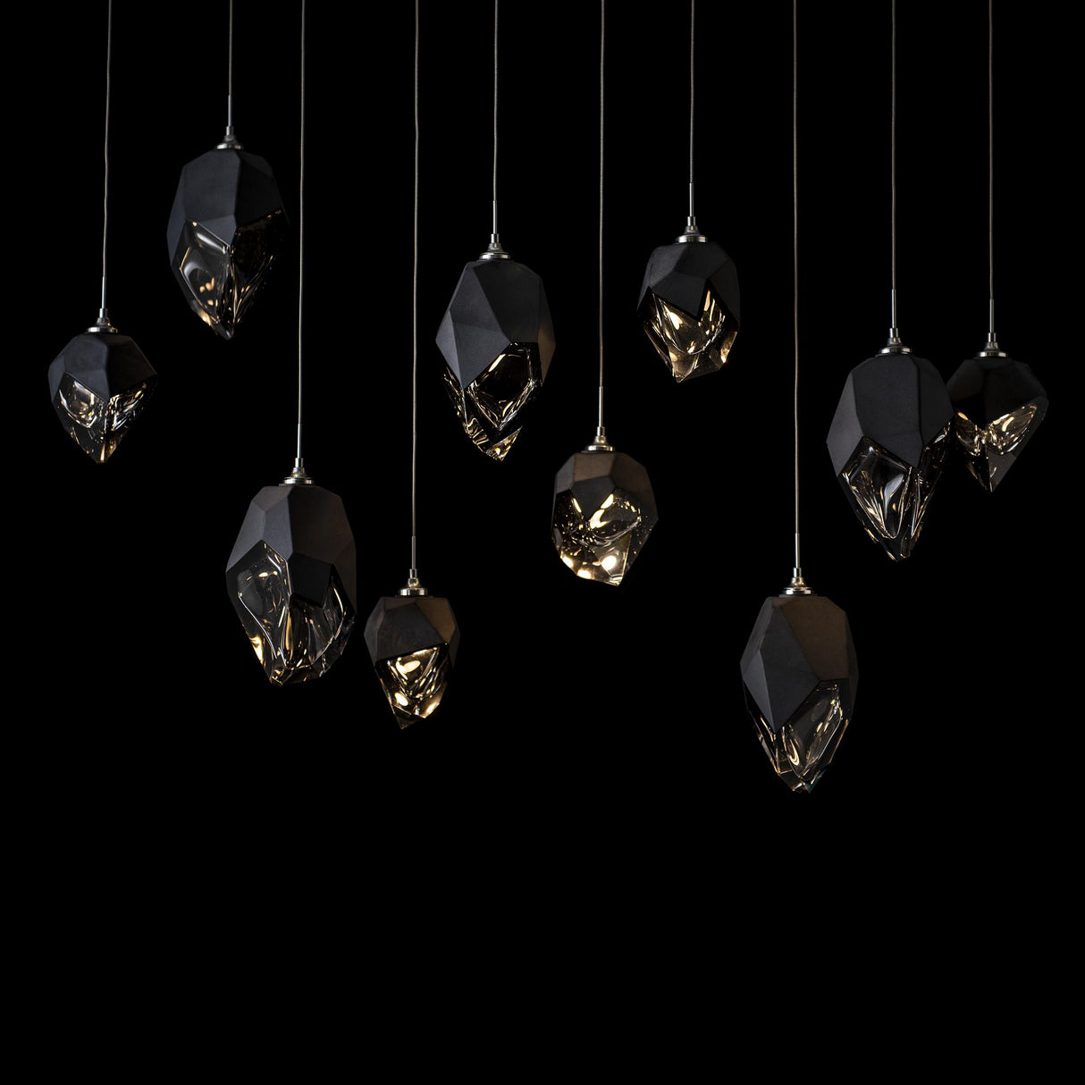Hubbardton Forge 2023 Sterling Black Crystal (BP) Long Chrysalis 10-Light Mixed Crystal Pendant