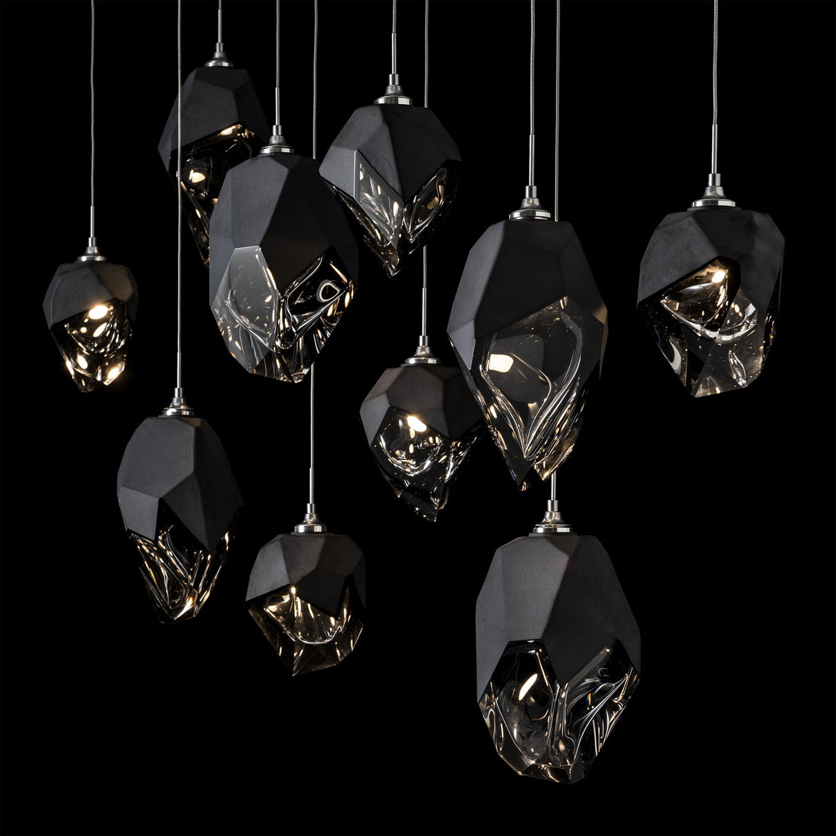 Hubbardton Forge 2023 Sterling Black Crystal (BP) Long Chrysalis 10-Light Mixed Crystal Pendant
