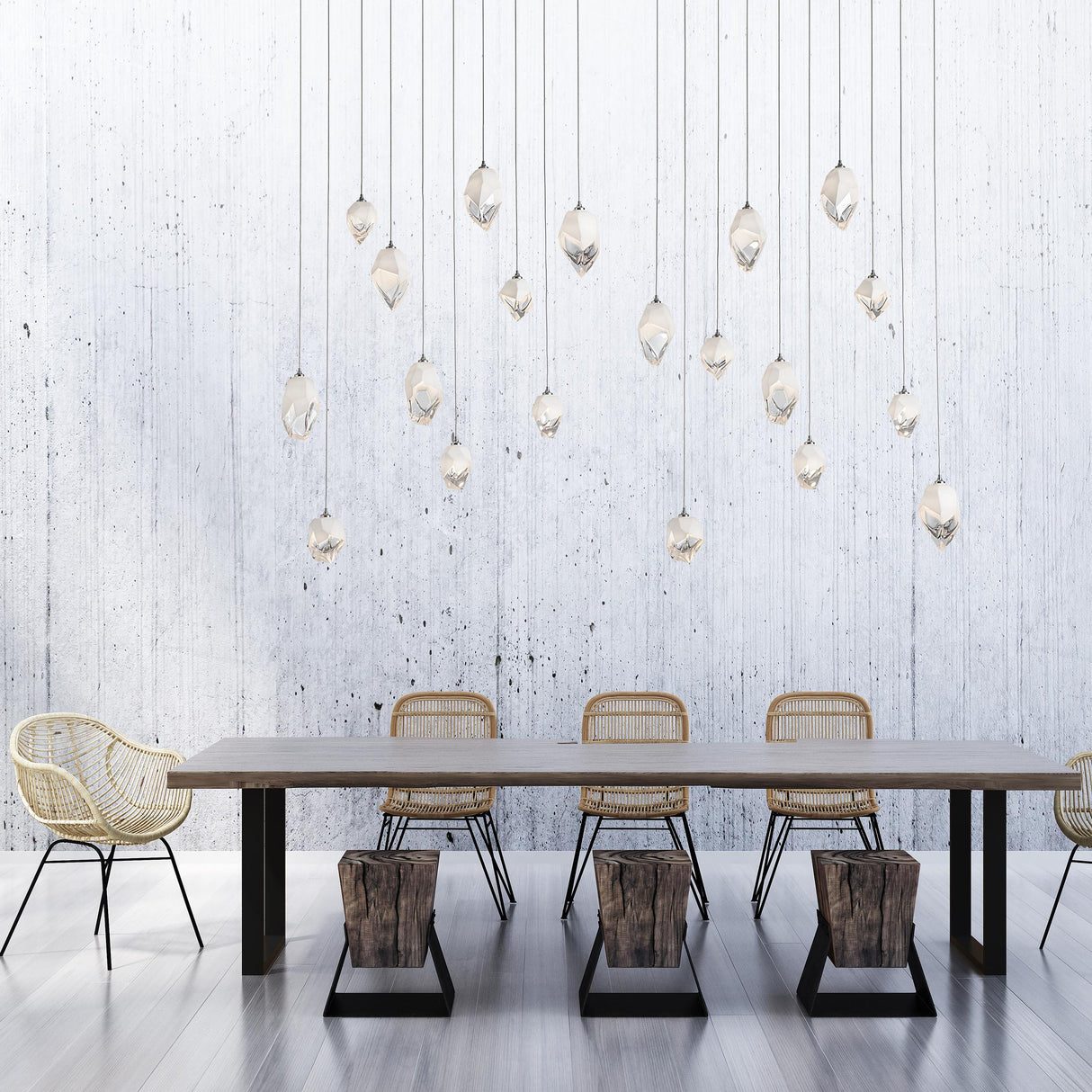 Hubbardton Forge 2023 Sterling White Crystal (WP) Long Chrysalis 10-Light Mixed Crystal Pendant