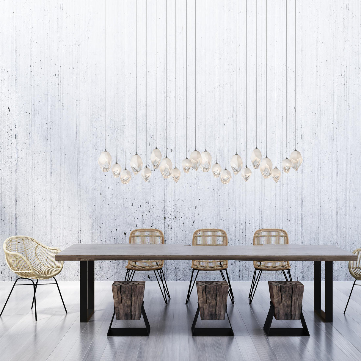 Hubbardton Forge 2023 Sterling White Crystal (WP) Long Chrysalis 10-Light Mixed Crystal Pendant