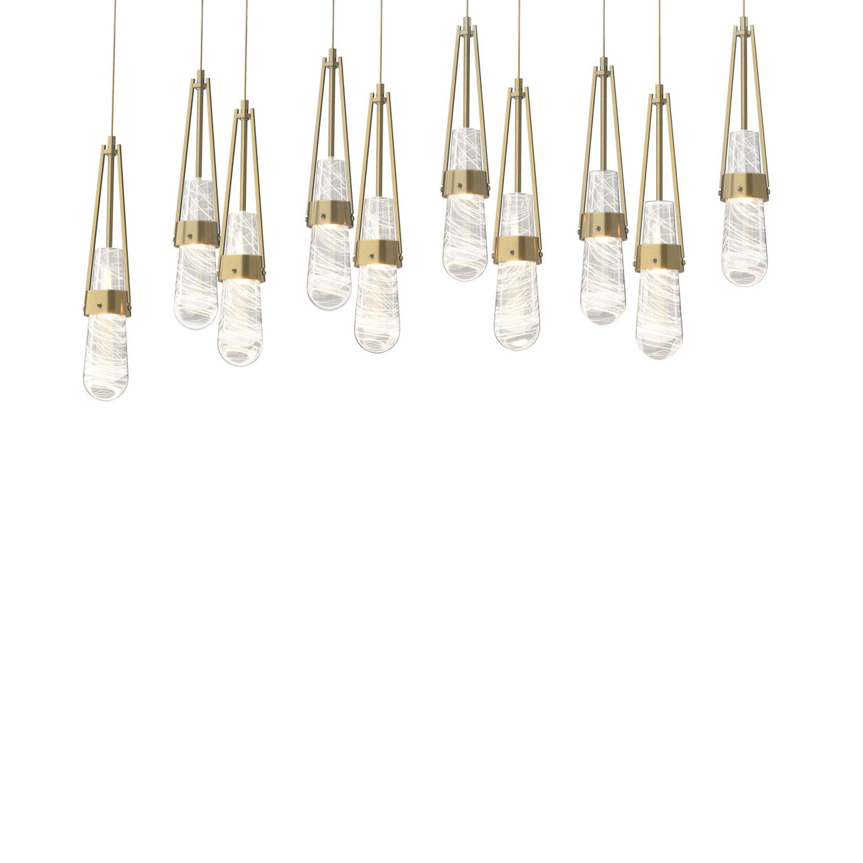 Hubbardton Forge 2022 Modern Brass Clear Glass with White Threading (YJ) Long Link 10-Light Blown Glass Pendant