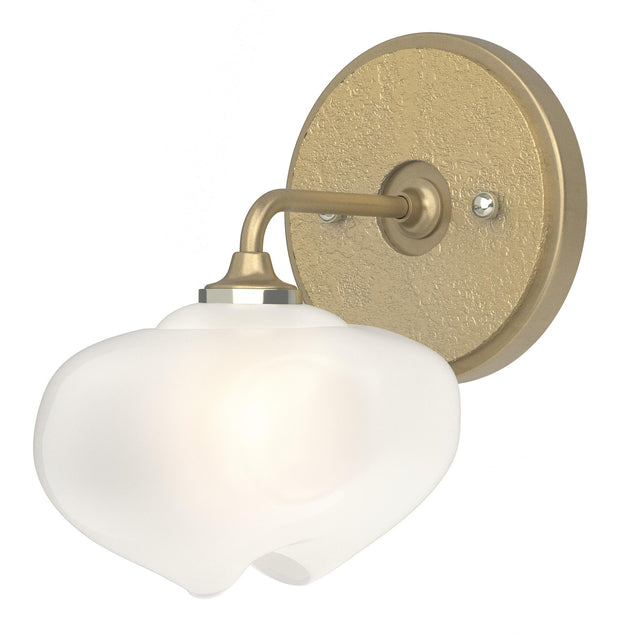 Hubbardton Forge 2022 Soft Gold Modern Brass Frosted Glass (FD) Ume 1-Light Curved Arm Bath Sconce