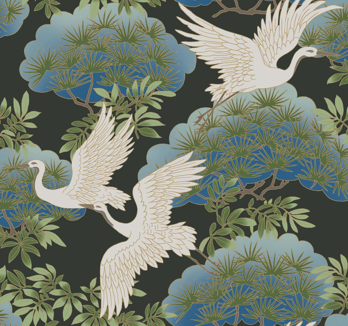 Ronald Redding Designs Sprig & Heron Black Wallpaper