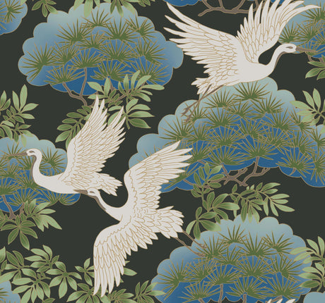 Ronald Redding Designs Sprig & Heron Black Wallpaper
