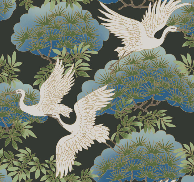 Ronald Redding Designs Sprig & Heron Black Wallpaper