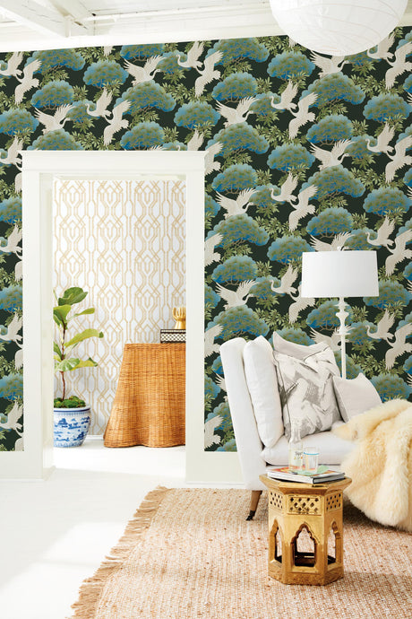 Ronald Redding Designs Sprig & Heron Black Wallpaper