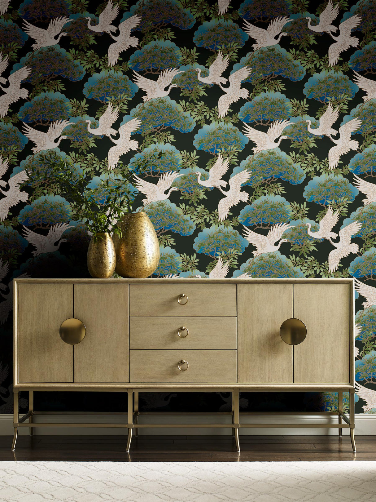 Ronald Redding Designs Sprig & Heron Black Wallpaper