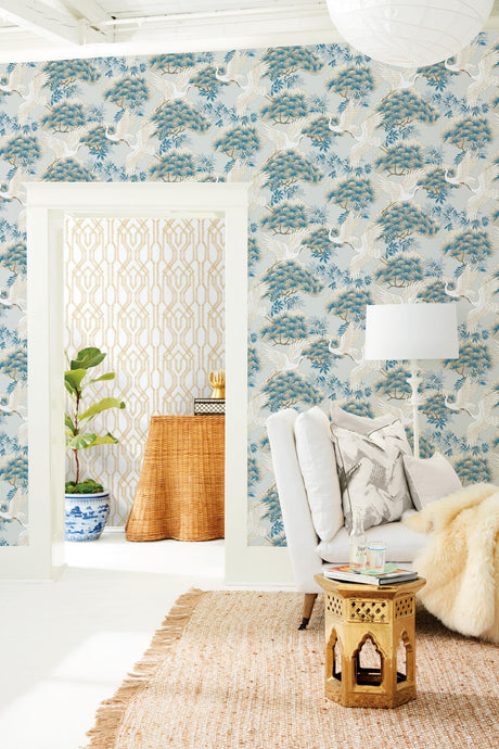 Ronald Redding Designs Sprig & Heron Light Blue Wallpaper