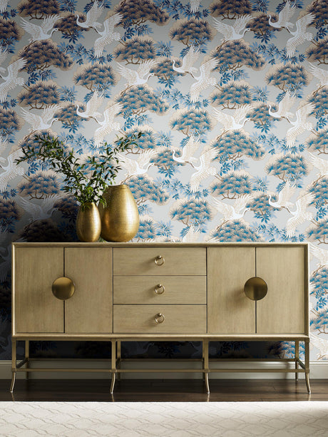 Ronald Redding Designs Sprig & Heron Light Blue Wallpaper