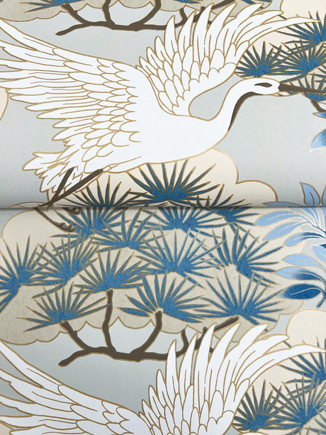 Ronald Redding Designs Sprig & Heron Light Blue Wallpaper