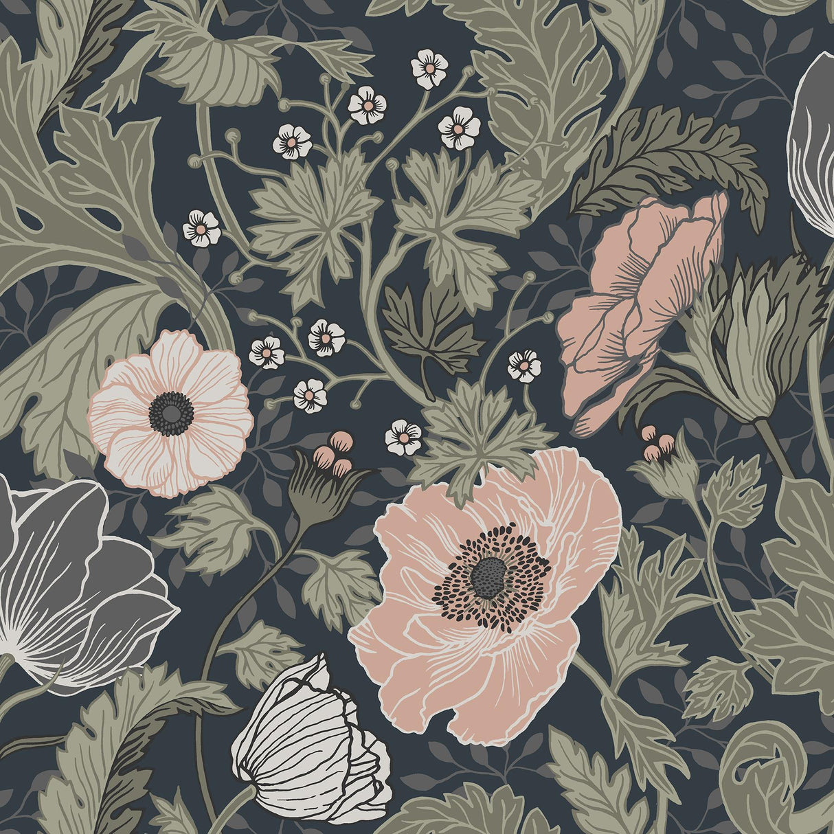 A-Street Prints Ingrid Flowers Navy Pink Wallpaper