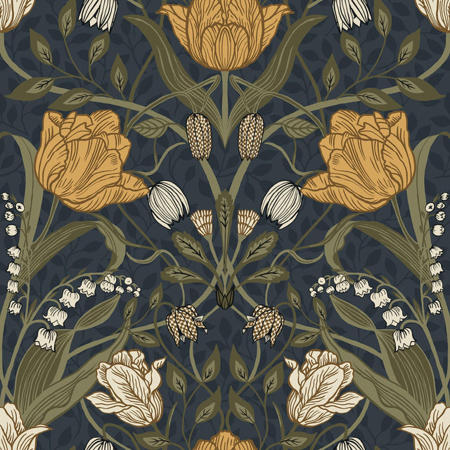 A-Street Prints Ingrid Flowers Navy Blue Wallpaper