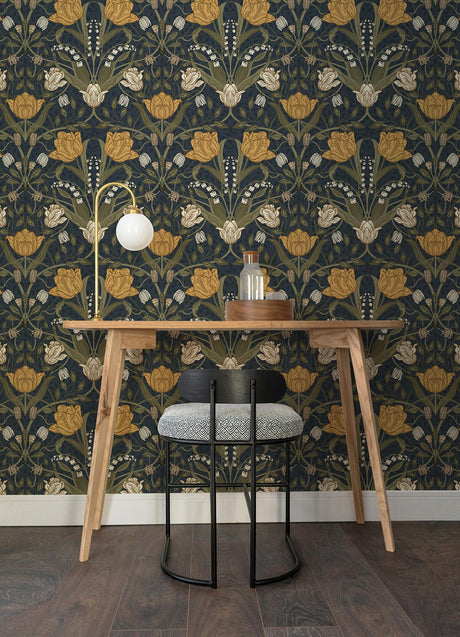 A-Street Prints Ingrid Flowers Navy Blue Wallpaper
