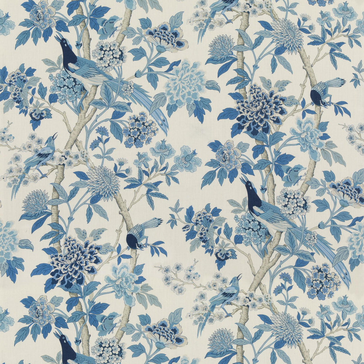 G P & J Baker HYDRANGEA BIRD (ARCHIVE) BLUE Fabric
