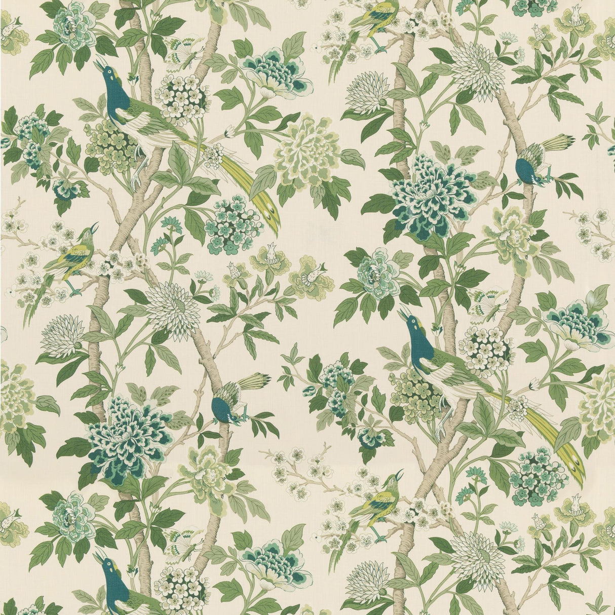 G P & J Baker HYDRANGEA BIRD (ARCHIVE) GREEN Fabric