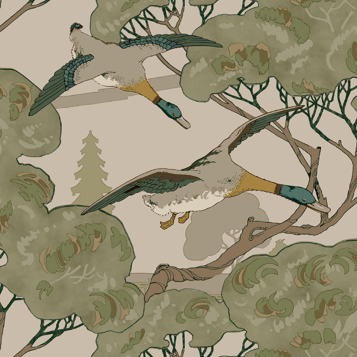 Mulberry GRAND FLYING DUCKS EMERALD Wallpaper