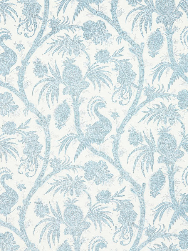 Scalamandre Balinese Peacock Linen Print Sky Fabric