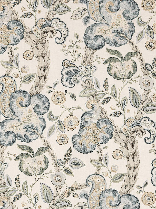 Scalamandre Cumbria Hand Block Print Aquamarine On Ivory Fabric