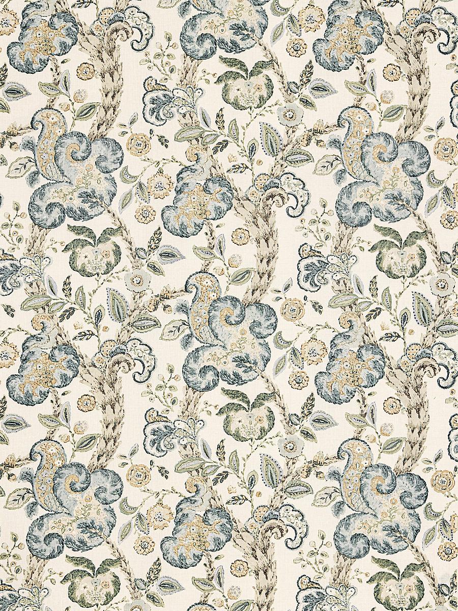 Scalamandre Cumbria Hand Block Print Aquamarine On Ivory Fabric