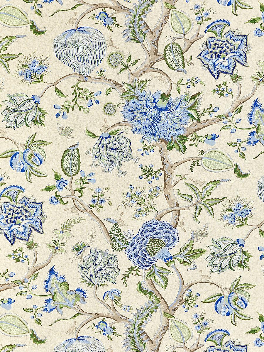 Scalamandre Pondicherry Cotton Print Blue, Green On Cream Fabric