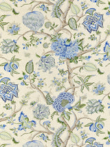 Scalamandre Pondicherry Cotton Print Blue, Green On Cream Fabric