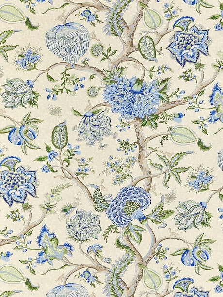 Scalamandre Pondicherry Cotton Print Blue, Green On Cream Fabric