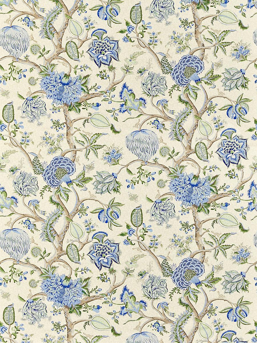 Scalamandre Pondicherry Cotton Print Blue, Green On Cream Fabric