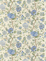 Scalamandre Pondicherry Cotton Print Blue, Green On Cream Fabric