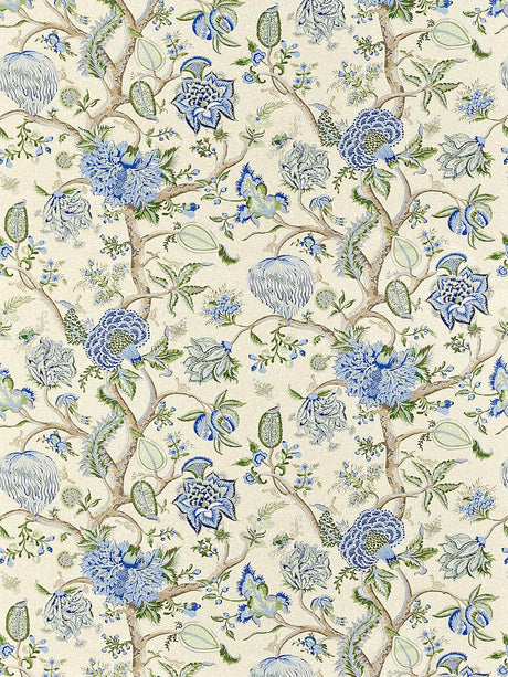 Scalamandre Pondicherry Cotton Print Blue, Green On Cream Fabric