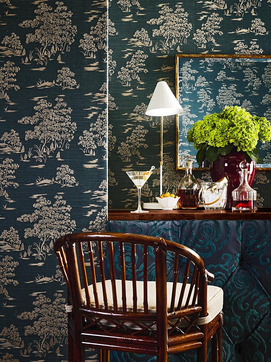 Scalamandre Katsura Embroidered Toile Peacock Wallpaper