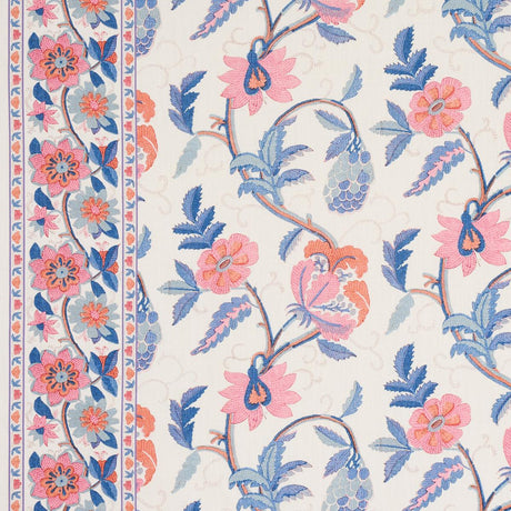 Schumacher Indali Bordered Linen Rose And Indigo Fabric
