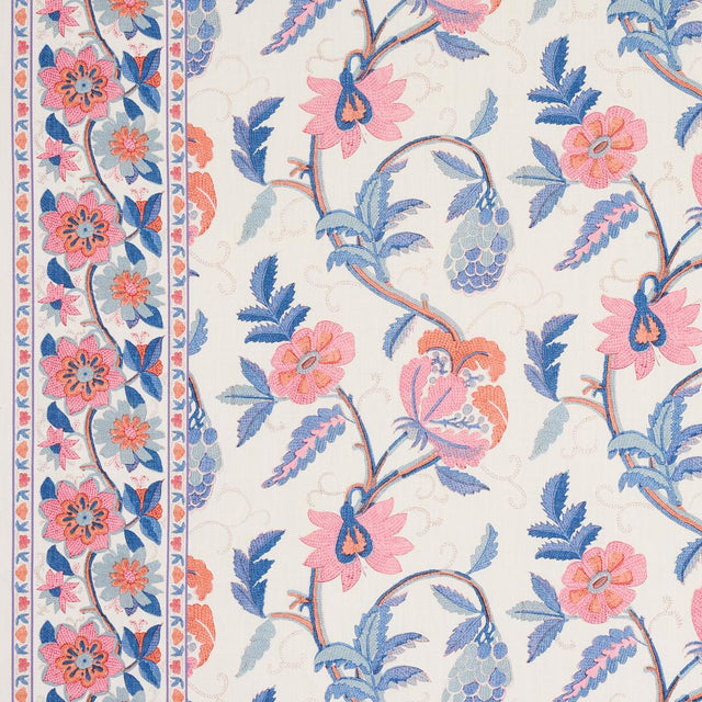 Schumacher Indali Bordered Linen Rose And Indigo Fabric