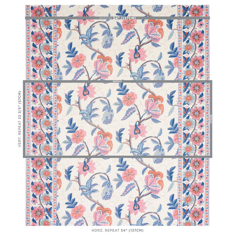 Schumacher Indali Bordered Linen Rose And Indigo Fabric