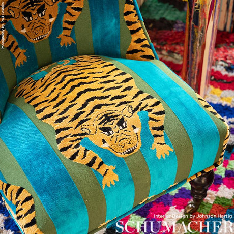 Schumacher Jokhang Tiger Velvet Peacock & Olive Fabric