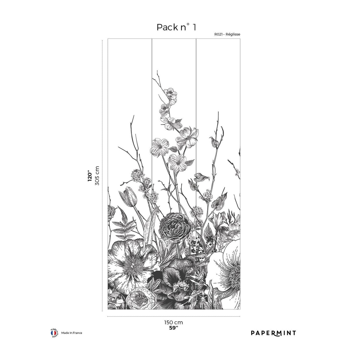 Papermint Flora Pack 1 in Black Wall Mural