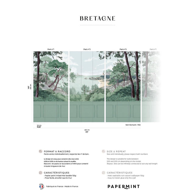 Papermint Bretagne Chair Rail With Faux Wainscoting Pack 1, 2 & 3 in Green Wall Mural