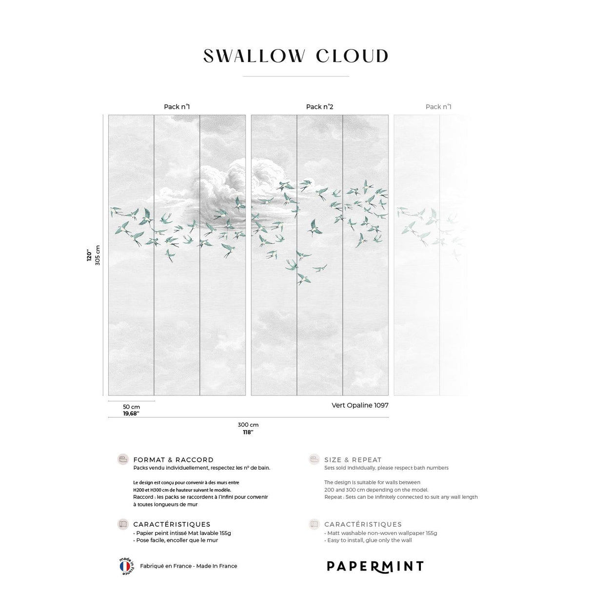 Papermint Swallow Clouds Pack 1 & 2 in Teal Wall Mural