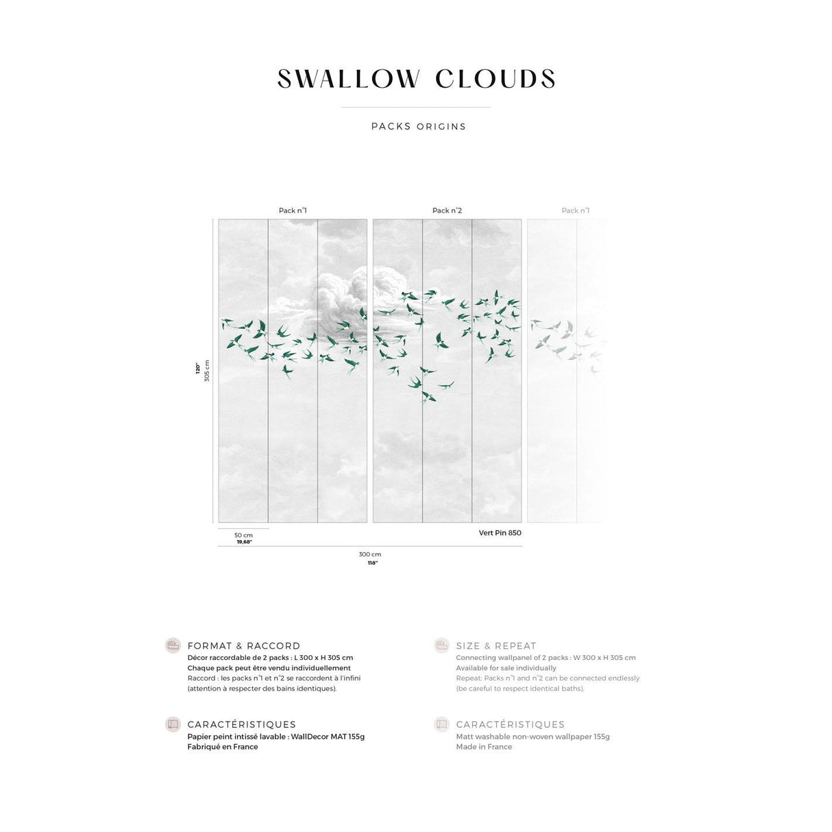 Papermint Swallow Clouds Pack 1 & 2 in Green Wall Mural
