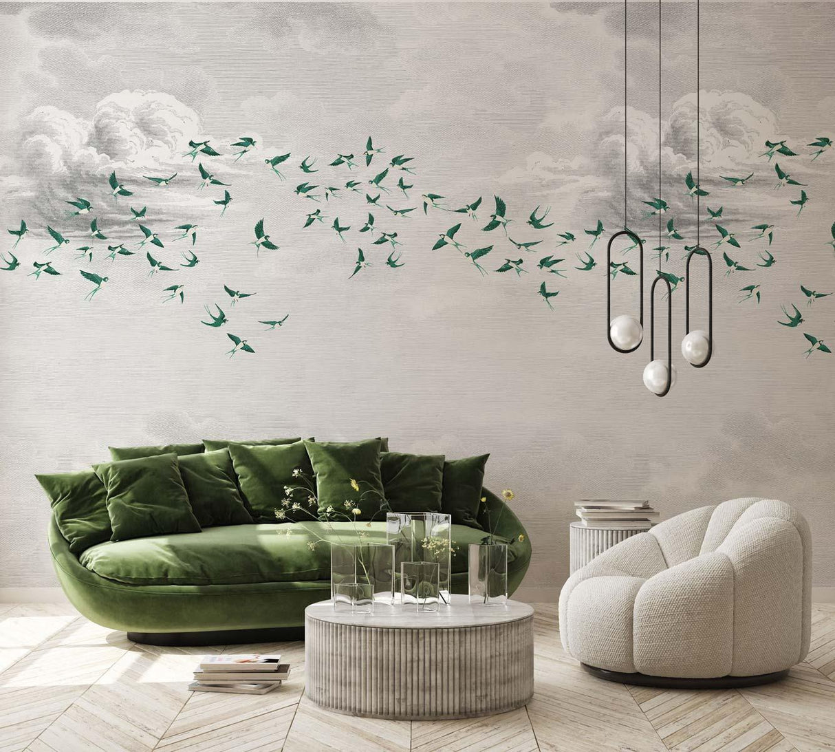 Veer Decor Swallow Clouds Pack 1 & 2 in Green Wall Mural
