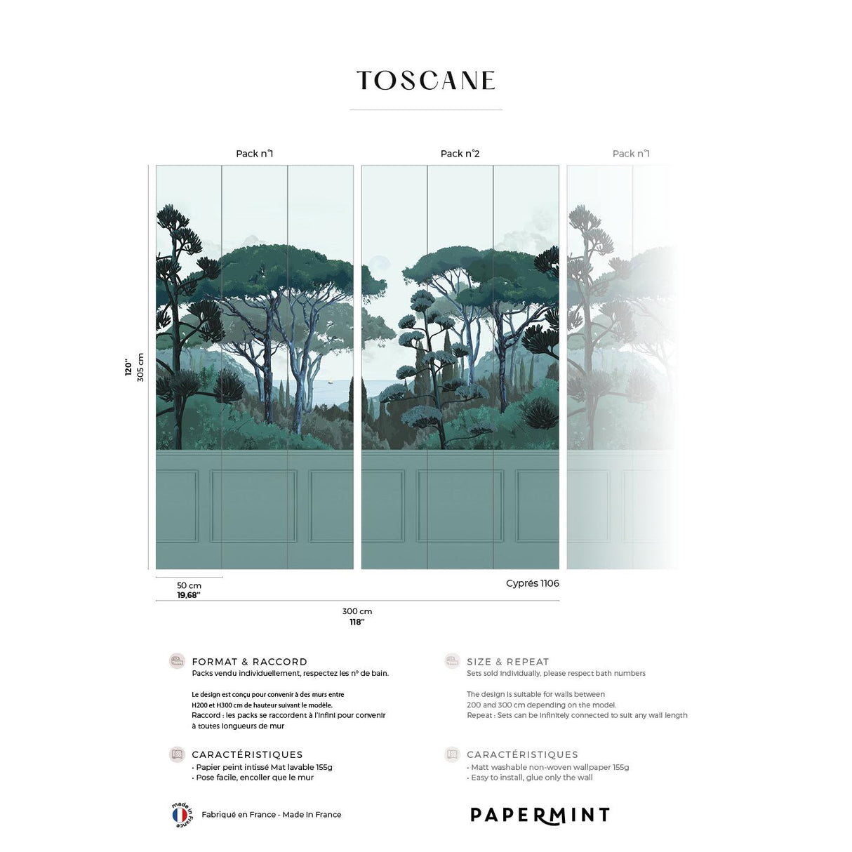 Papermint Tuscany Chair Rail with Faux Wainscoting Pack 1 & 2 in Green Wall Mural