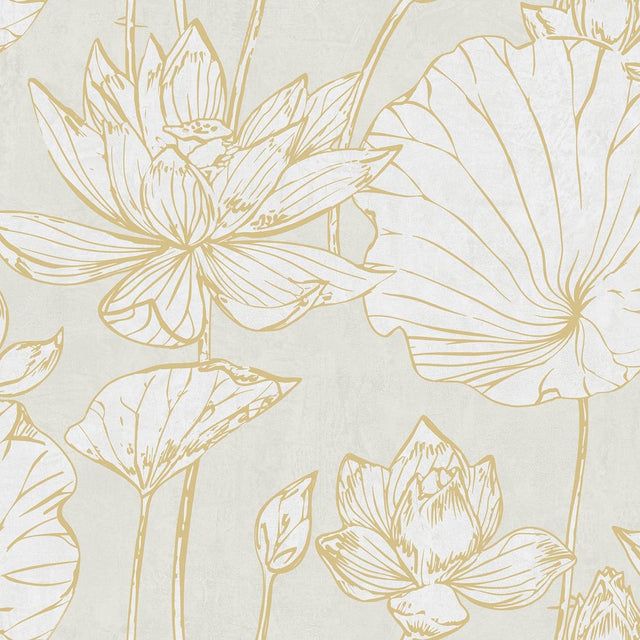 Seabrook Lotus Floral Metallic Gold and Off-White Wallpaper