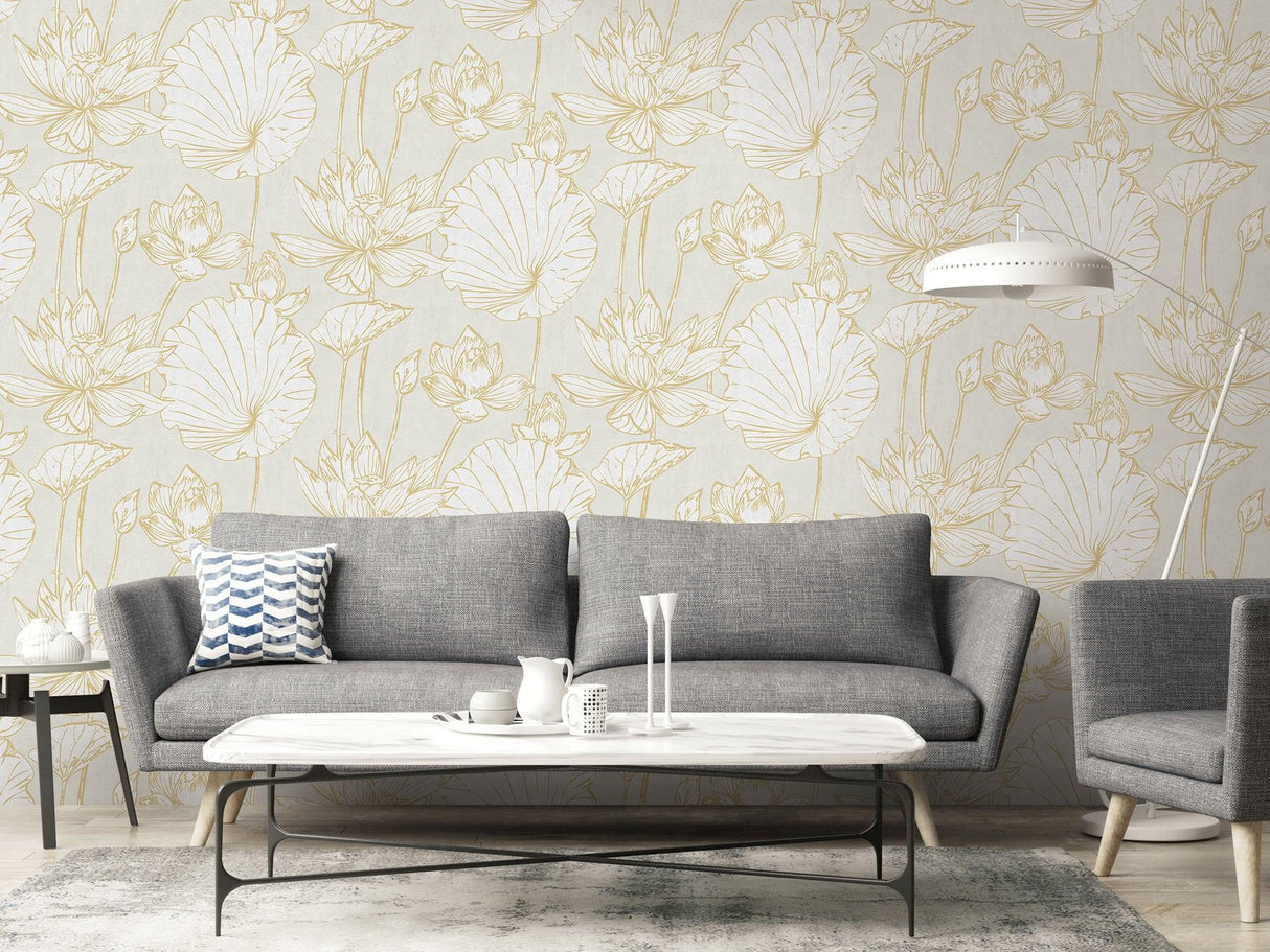 Seabrook Lotus Floral Metallic Gold and Off-White Wallpaper
