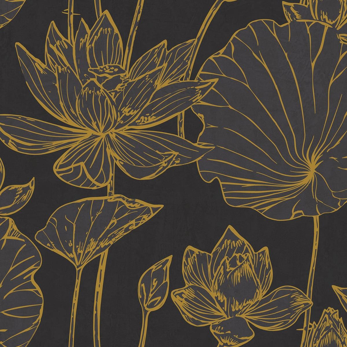 Seabrook Lotus Floral Metallic Gold and Ebony Wallpaper