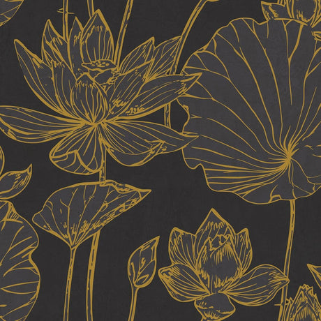 Seabrook Lotus Floral Metallic Gold and Ebony Wallpaper